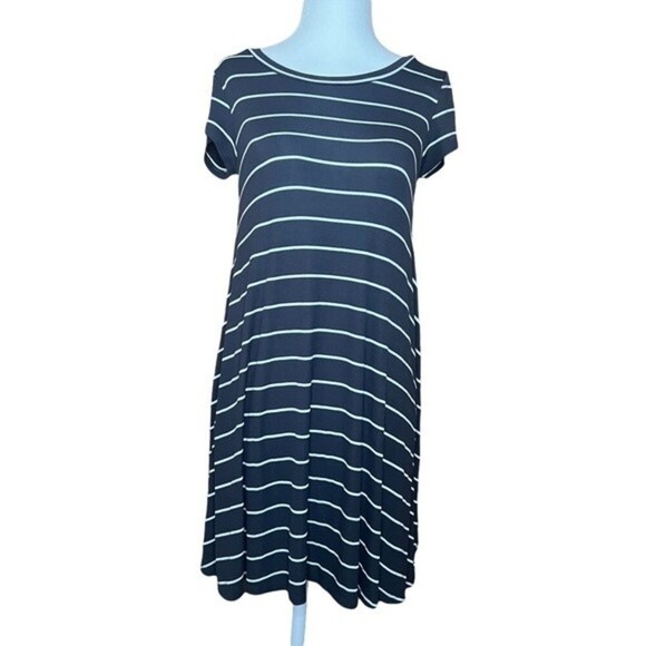 Billabong Gray White Ribbed Striped Short Sleeve Beachy Mini Swing Dress S - Picture 1 of 8